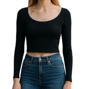 H&M Divided Ribbed Scoop Neck T-Shirt Black Long Sleeves Stretch Raw Hem S